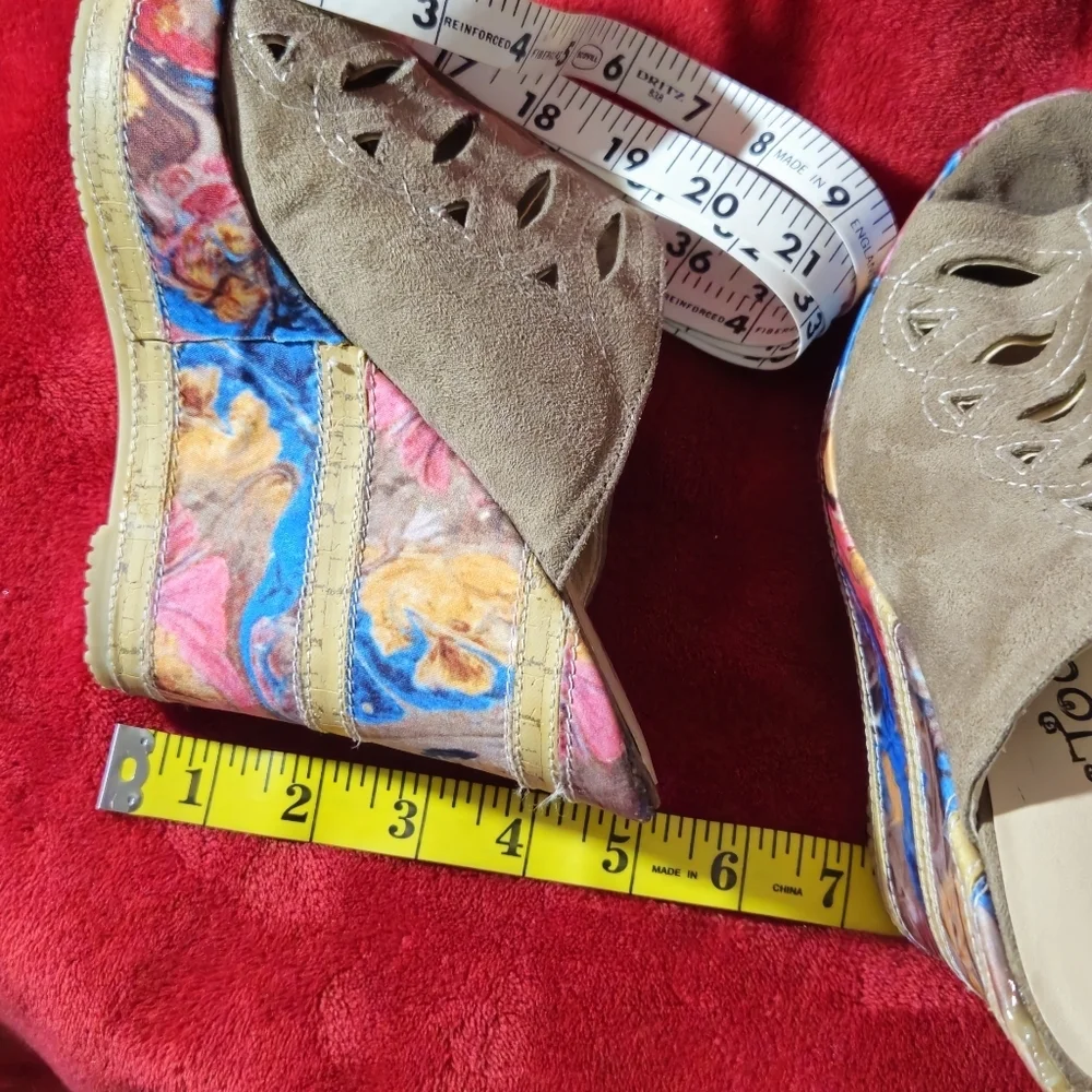 2 Lips Too -Too Tropic Tan/Taupe SuedeSandals with Multicolor Wedge Heel -Size 7